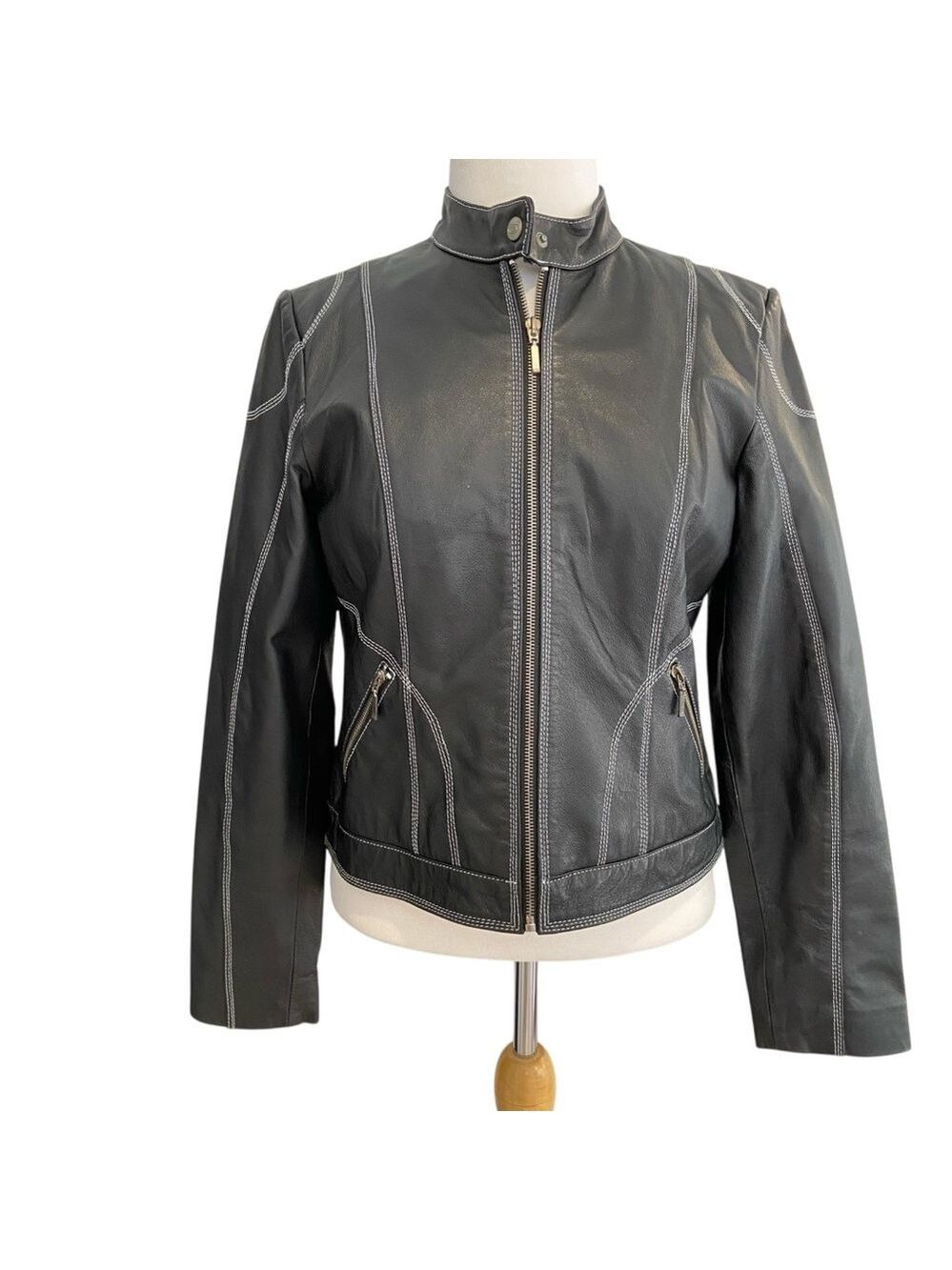 BGN & Co Genuine Leather Moto Biker Jacket Women M Black Fitted ZipUp Coat lined